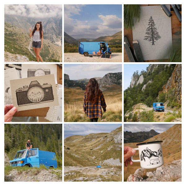 3x3 kleine Fotos aus Hannibelles Instagramfeed mit Eindrücken von Roadtrips, Zeichnungen und Hannibelle-Produkten