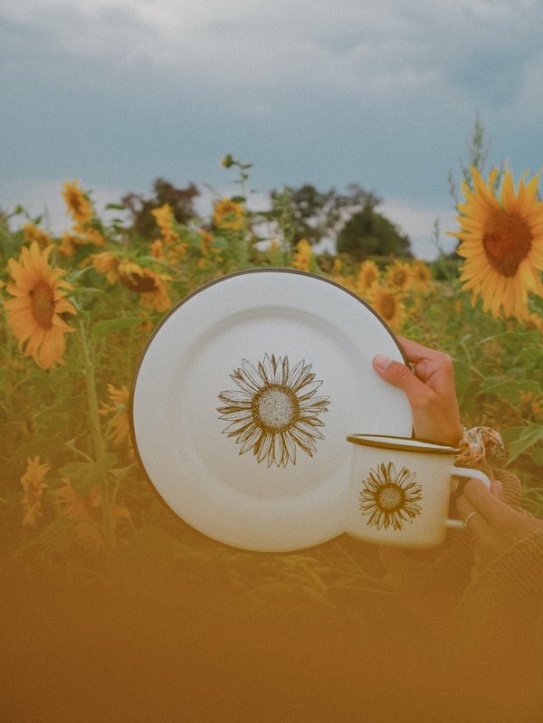 Campinggeschirr-Set Sonnenblume bestehend aus einem Emailleteller und einer Emailletasse. Abgebildet im Sonnenblumenfeld