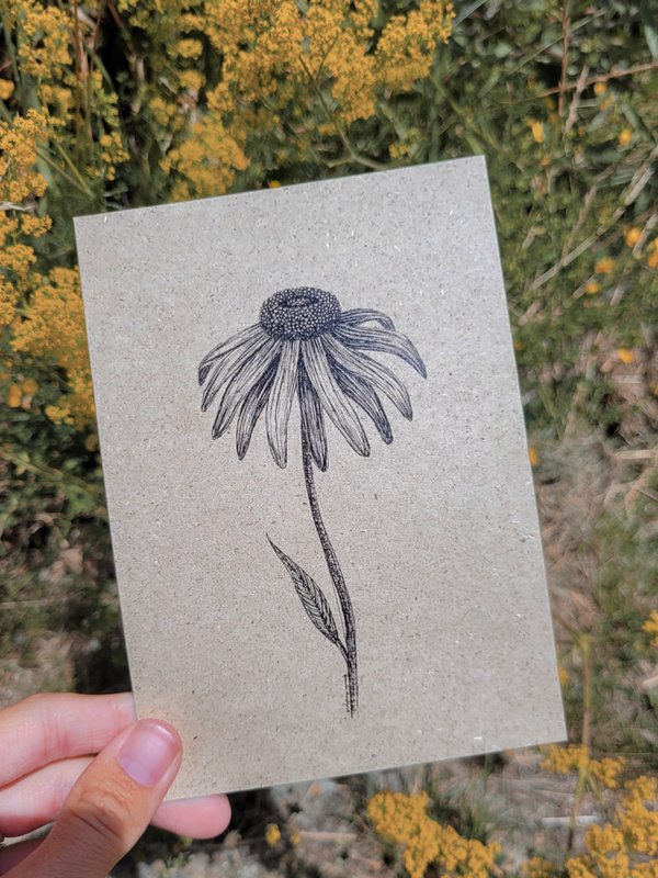 Postkarte aus Graspapier mit Blumenzeichnung